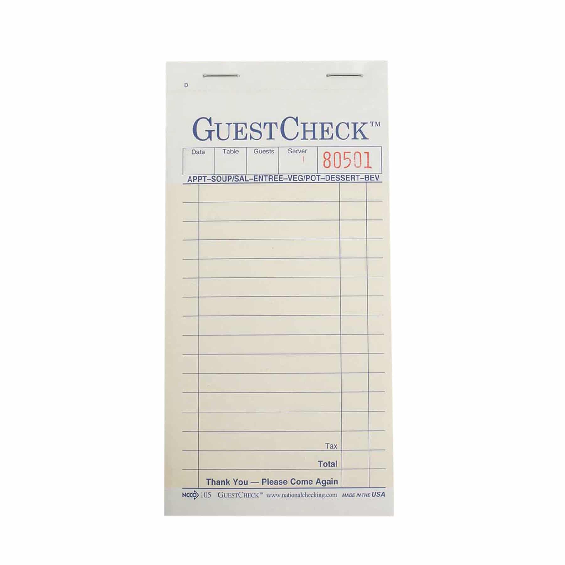 Medium Duplicate Carbon Guest Check National Checking