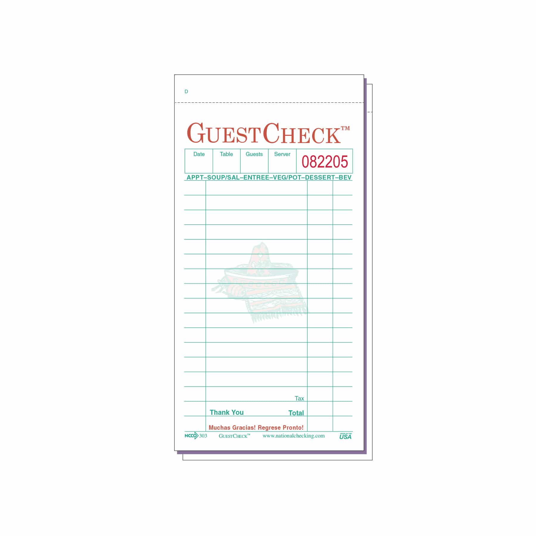 Spanish Medium Duplicate Carbon Guest Check National Checking