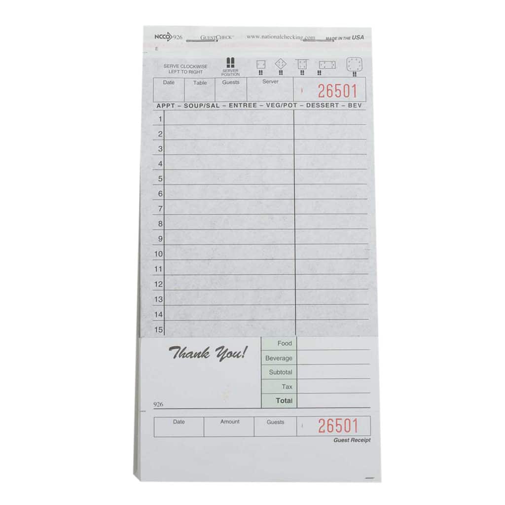 Large Duplicate Carbon-Backed Guest Check - National Checking