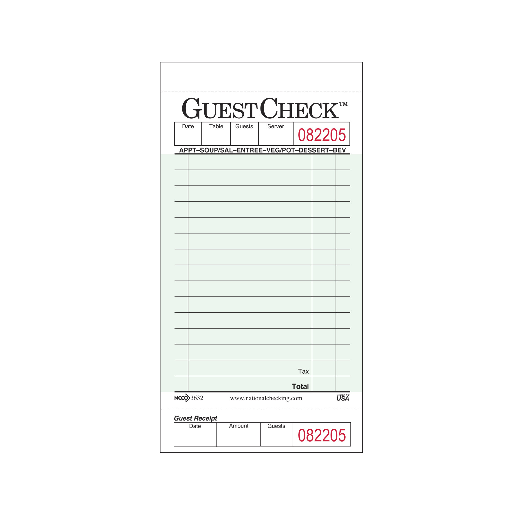National Checking Company Guest Check 3.5 x 6.75 in