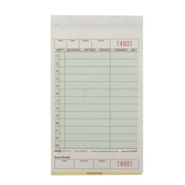 Medium-Wide Three-Part Carbonless Guest Check - National Checking