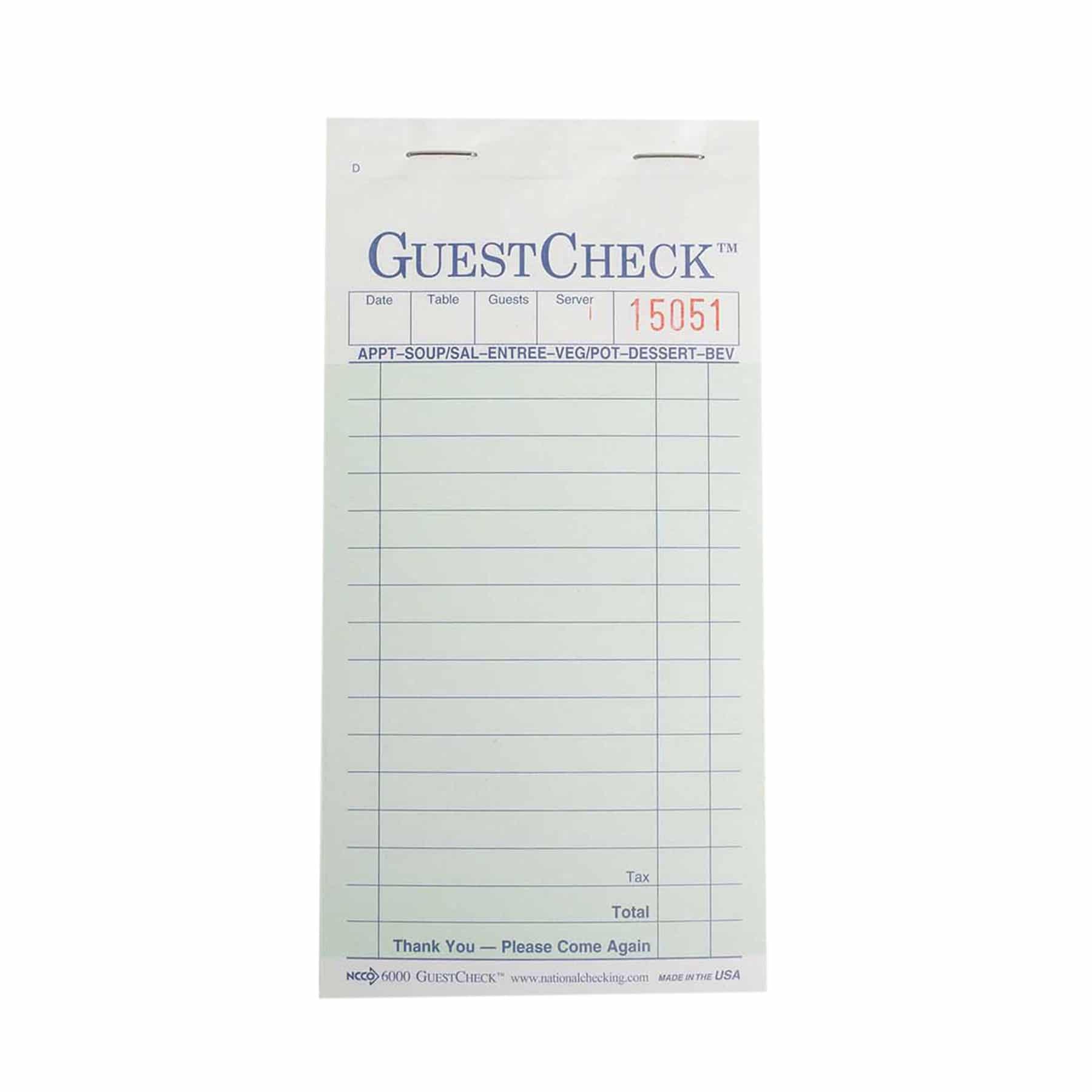 Medium Duplicate Carbon Guest Check National Checking