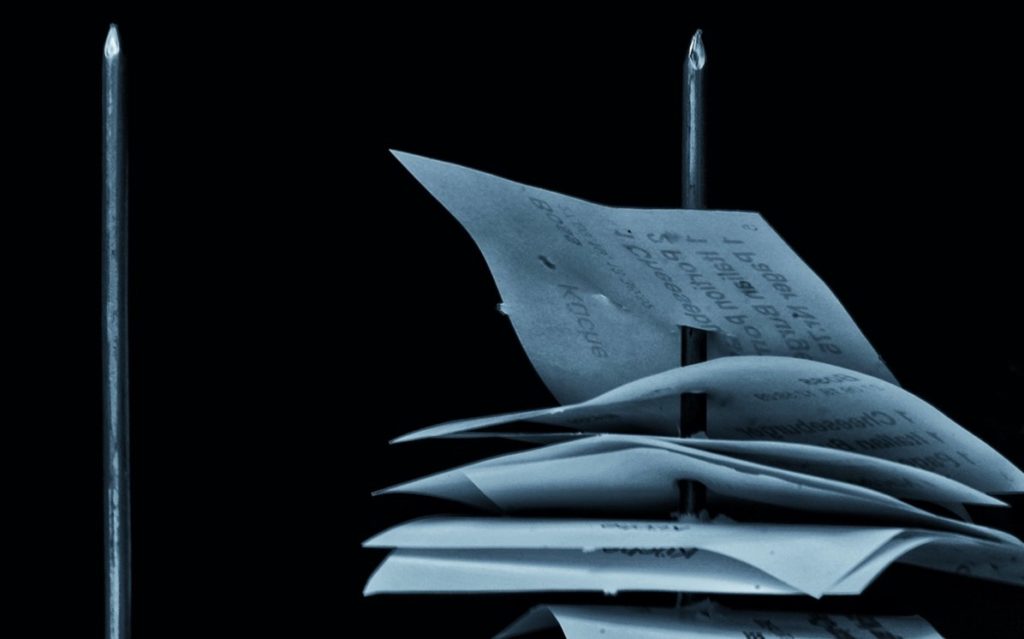 Black and white image of restaurant receipts kitchen slips piled on a nail