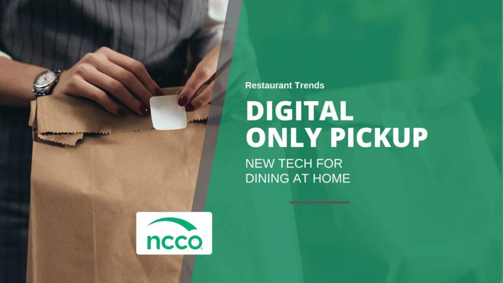 Picture of a person putting a sticker on a takeout order with text that says “Digital Only Pickup