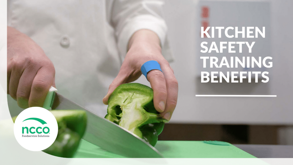 Person slicing a green bell pepper and text overlay “Kitchen Safety Training Benefits”