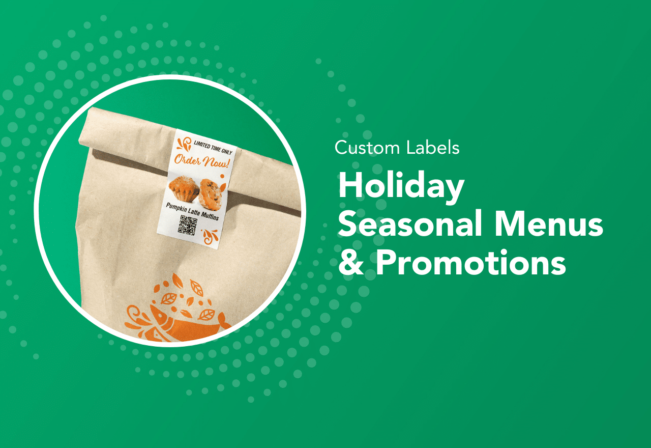 This is an image of a seasonal food item with promotional labels and stickers