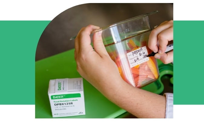 DateIt dissolvable food safety label with item name, prep date, and use by date applied to food container for FIFO food rotation system