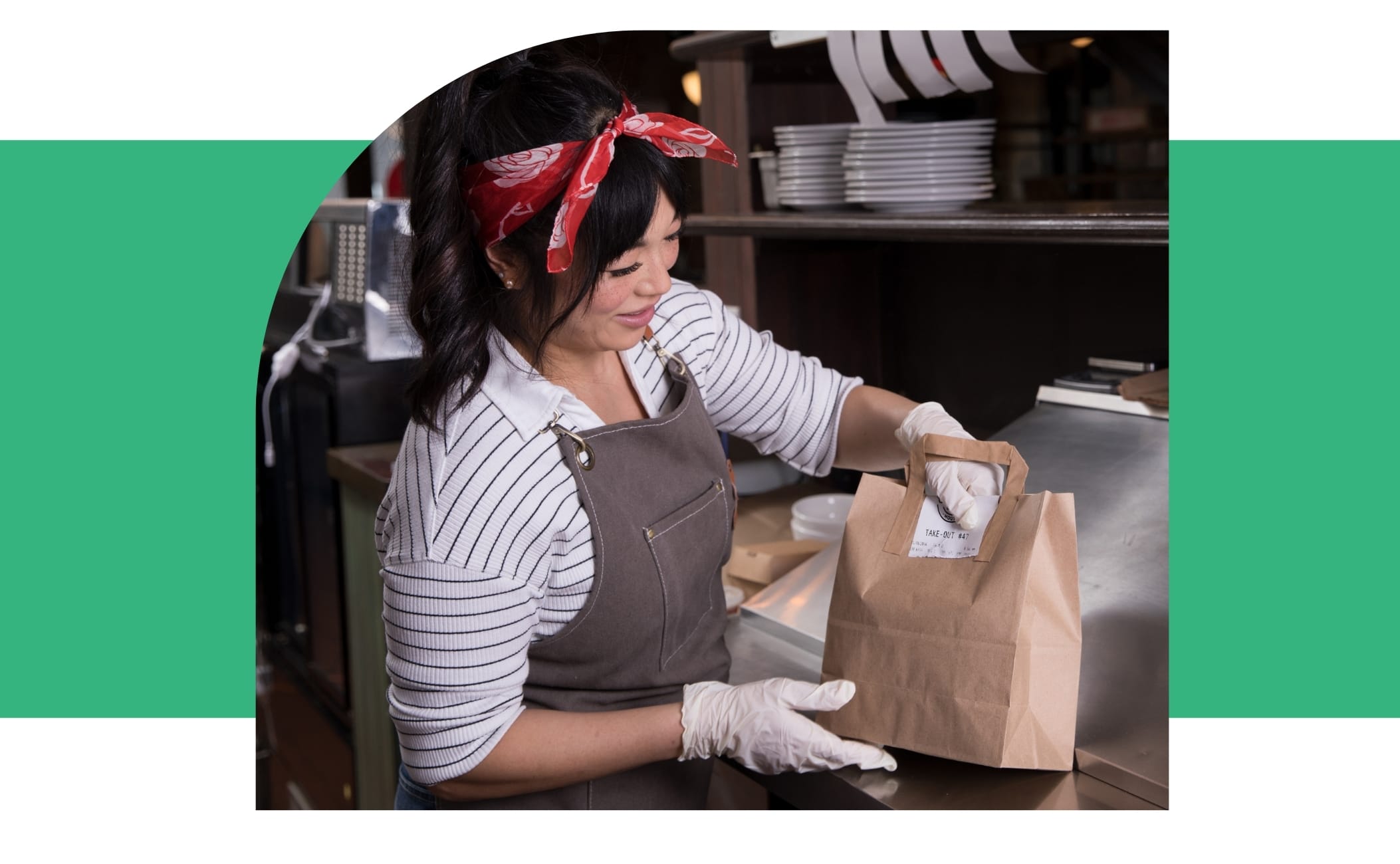 Worker applying NCCO Sticky Back thermal receipt label to grab-and-go food order bag in a restaurant