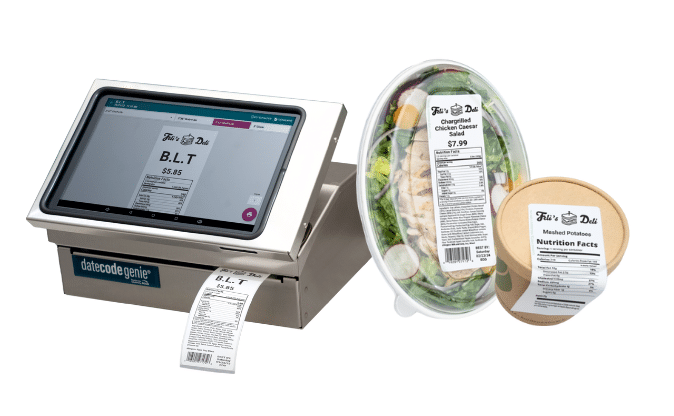 Labeled grab-and-go salads printed with the DateCodeGenie® automated food labeling system for accurate expiration dates