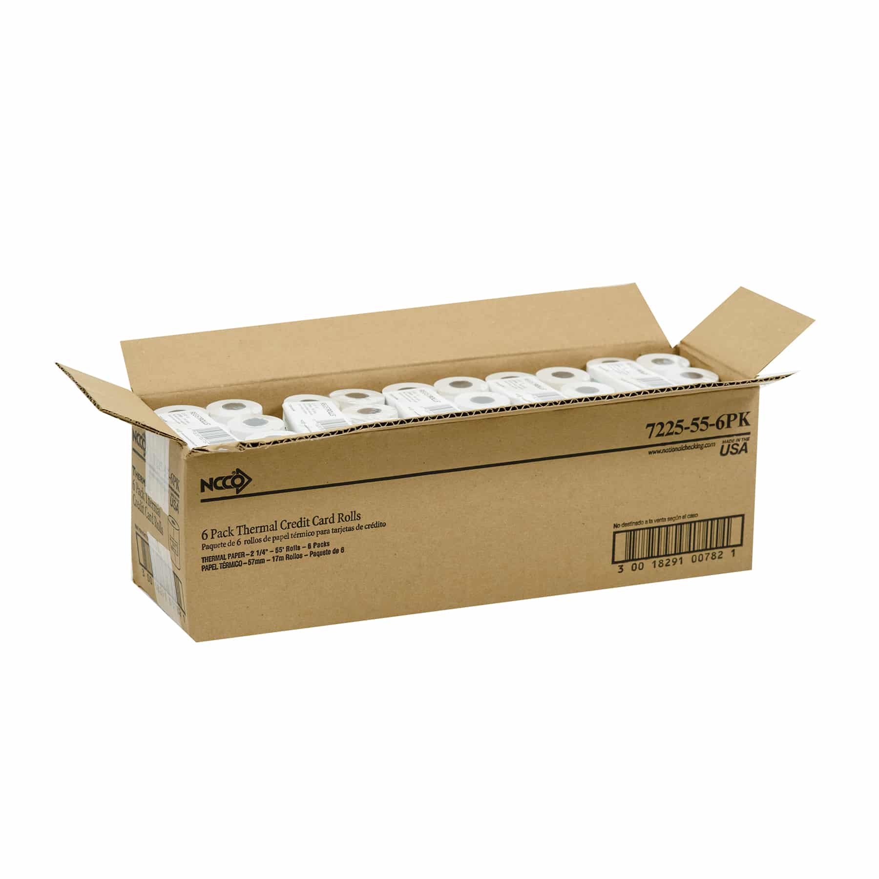 NCCO Open case of thermal phenol free receipt paper rolls 2.25" x 55', shrink packed trays, 60 rolls per case