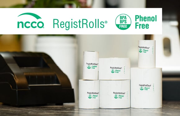 Phenol-Free Thermal Receipt Paper Customer receiving a phenol-free thermal receipt rolls at a point-of-sale counter