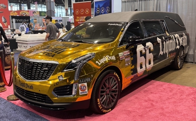 Liquid Death immersive hearse booth display at the 2026 National Restaurant Association Show