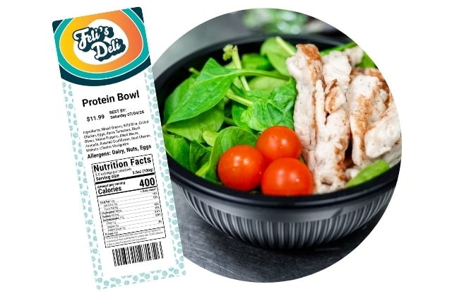 High-protein grab-and-go meal with a custom nutrition facts label printed by DateCodeGenie food system