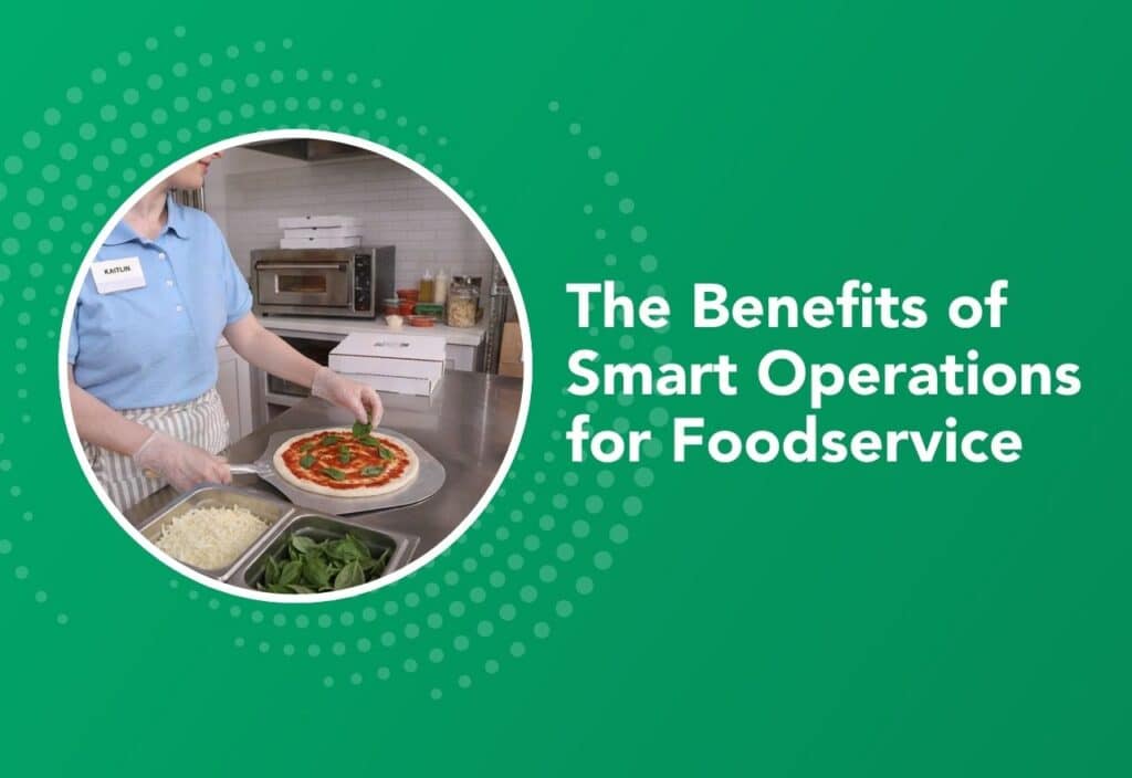 Foodservice employee preparing pizza in a commercial kitchen as part of daily foodservice operations.
