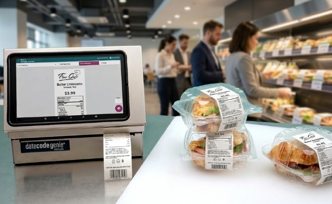 DateCodeGenie printer creating nutrition labels for packaged foods used by contract foodservice companies
