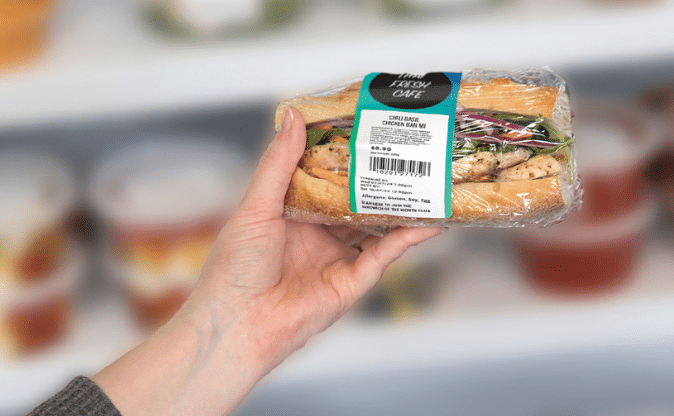 Packaged chicken sandwich with a custom grab-and-go nutrition label