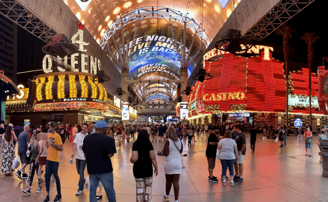 Fremont Street with Four Queens Casino and Fremont Casino at night in downtown Las Vegas