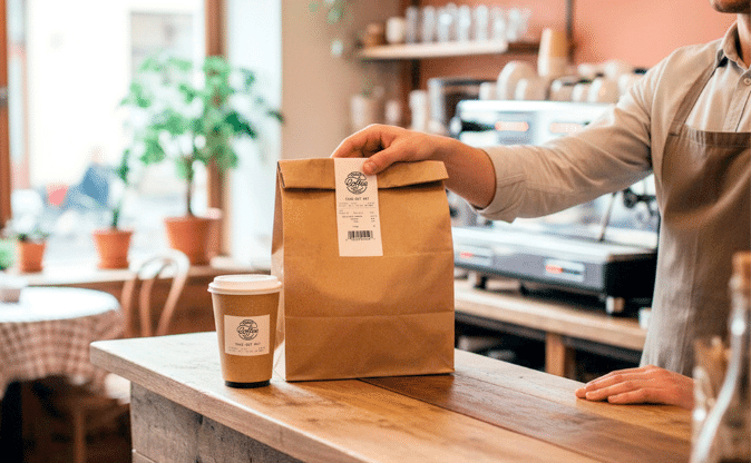 Sticky back thermal receipt label attached to a paper takeout bag at a café counter.